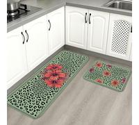 Floral Leopard Kitchen Mats for Floor, Green Animal Print Soft Mats, Summer Cushioned Comfort Washable Decor Rugs for Kitchen Sinks Laundryroom Bathroom 2pcs