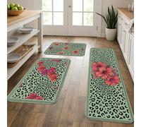 Floral Leopard Kitchen Mats for Floor, Green Animal Print Soft Mats, Summer Cushioned Comfort Washable Decor Rugs for Kitchen Sinks Laundryroom Bathroom 3pcs