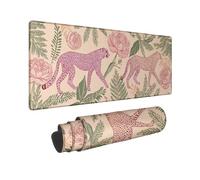 Floral Leopard Large Gaming Mouse Pad, Peach Beige Jungle Flora Design Stitched Edge Mousepad, Rubber Non-Slip Washable Gaming Mouse Pad for Home and Office Computer, Laptop 16x36 Inch