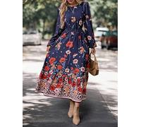 Floral-Leopard Maxi Dress Long Puff Sleeves Smocked Waist Bold Print Mix Stylish Casual Fall Outfit for Women