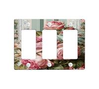 Floral Light Switch Cover Plate/Outlet Covers, Peach and Green Vintage Roses for Home Decor, Thermoplastic Wall Plates, Standard Size 3 Gang Wall Plate