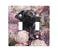 Floral Light Switch Cover Plate with Dog Design, Soft Peach Peonies and Lilacs for Spring Decor, Thermoplastic Wall Plates, Standard Size Double Toggle