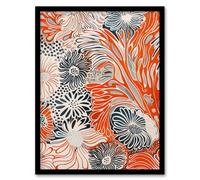 Floral Line Pattern Orange Blue Bright Design Framed Art Print Artery8 Orange A4
