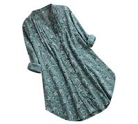 Floral Linen Blouse for Women UK Plus Size, Ladies Boho Linen Shirt Elegant Summer Floral Long Sleeve T-Shirts Banded Collar Cotton Beach Tee Shirts Longline Tunic Tops for Leggings Green