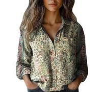 Floral Linen Shirts Women UK Long Sleeve Peasant Blouse Butterfly Star Map Rose Bird Floral Button-Down Loose Tops Fashion V Neck Dressy Casual T-Shirts Mint Green XL