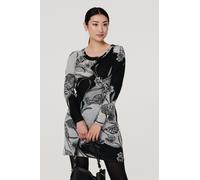 Izabel London Floral Long Sleeve Jersey Shift Dress for Women UK with a Round Neck, Pockets and Short Skirt. Grey