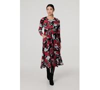 Floral Long Sleeve Pleated Midi Dress Izabel London Black 14