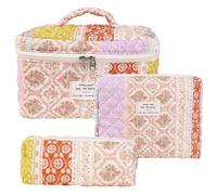 Floral Makeup Bag 3PCS Set Large Capacity, Lightweight Soft Cotton Quilted Makeup Bag with Two Extra Bags, Foldable Zippered Cute Makeup Bag with Handle