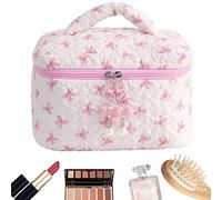 Floral Makeup Bag | Aesthetic Cute Bow Quilted Pouch,Cosmetic Holder Case, Reusable Make up Storage Organizer, Large Capacity for Toilet