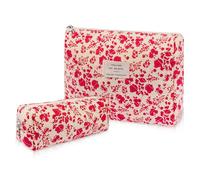Floral Makeup Bag, Large Cosmetic Bag for Women Girls, Cute Cotton Makeup Pouch, Quilted Makeup Bags, Flower Travel Toiletry Organizer Bag, 2pc Beverly, Brown Checked