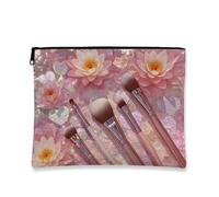 Floral Makeup Bag, Peach Water Lily Glitter Cosmetic Travel Pouch for Women, Portable Small Zip Organizer, Spring Festival Gift Toiletry Bag, Peach, 7x9 Inch, Water Lily