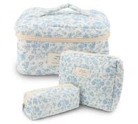 Floral Makeup Bag Set - 3PCS Quilted Cotton Cosmetic Organiser with Compartments for Women, Large Travel Toiletry Pouch, Wash Bag Gift for Ladies Girls