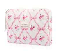 Floral Makeup Bag, Small Cosmetic Bag for Women Girls, Cute Cotton Makeup Bag, Quilted Makeup Bags, Flower Travel Toiletry Organizer Bag, Pink Pattern, Cute