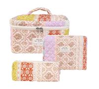 Floral Makeup Bag - Stop Handbag Clutter Fast, 3 Pcs Quilted Cotton Toiletry Organisers Set, Flower Pattern Pouch + Multi Size Storage System, Breathable Soft Fibre Solid | for Backpack & Travel