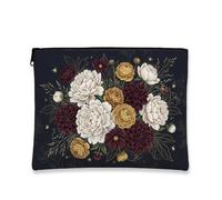 Floral Makeup Bag, Vintage Elegant Cosmetic Travel Pouch for Women, Portable Canvas Zipper Organizer, Winter Skincare Toiletry Bag, Dark Blue, 7x9 Inch, Floral