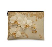 Floral Makeup Pouch, Elegant Orchid Design Cosmetic Travel Bag for Women, Small Portable Zip Organizer, Perfect Choice for Spring Festivals, Beige, 7x9 Inch, Orchid