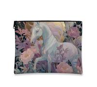 Floral Makeup Pouch, White Magical Horse and Peach Flowers Vintage Fantasy Cosmetic Bags for Women, Portable Small Canvas Zipper Case, Travel Gift Toiletry Organizer, white, 7x9 Inch, Magical Horse
