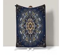 Floral Mandala Flannel Fleece Throw Blanket Soft Cozy Traditional Aesthetics Print Lightweight Comfy Warm Travel Blankets For Bed Couch Sofa Office Fit All Season, 50"X60", Dark Blue