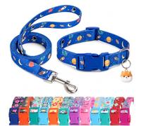 Floral Matching Dog Collar and Lead Set with AirTag Holder, Anti-Lost Adjustable Durable Pet Collar Lead Combo for X-Small Small Medium Large Dogs, Ideal for Walking Running Training-Universe/L