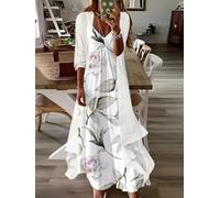 Floral Maxi Dress Sheer Cardigan Set Watercolor Rose Print 3/4 Sleeve Cover-Up Soft Feminine Casual Garden Outfit for Women