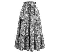 Floral Maxi Skirt for Women UK Summer Comfy Tiered Elastic High Waisted Skirts Vacation A-Line Flowy Swing Long Skirts(A14 Dark Gray,M)