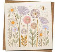 Floral Meadow & Bee Blank Greeting Card, 145mm x 145mm Square Birthday Thank You Note, Cute Botanical Design with Hearts, Premium Textured Card with Kraft Envelope