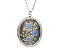 Floral Memories Handmade Oval Shaped Photo Locket with dried Pressed Flowers Locket pendant Necklace (OvalForgetMeNot-Silver)
