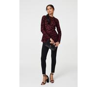 Izabel London Floral Mesh Layered Long Sleeve Peplum Top for Women UK with Long Sleeves and semi Sheer Layer. Burgundy
