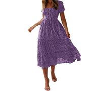Floral Midi Dresses for Women UK Women's Short Puff Sleeve Square Neck Tea Dresses Flared Flowy Chiffon Maxi Dress Summer Beach Holiday Sundress Elegant Ruffled Tiered Boho Dress Purple