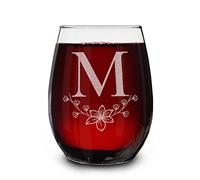 Floral Monogram Engraved Initial Letter Stemless Wine Glass 15 oz. Personalized Monogrammed Custom Gift (M)