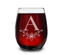 Floral Monogram Engraved Initial Letter Stemless Wine Glass 15 oz. Personalized Monogrammed Custom Gift (A)