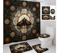 Floral Moth Shower Curtain Set, Dark Black White Flowers Bath Mat Rugs Accessories for Bathroom Decor, Autumn Elegant Waterproof Fabric Shower Curtain Set with Hooks 72x72 Inch