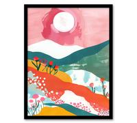 Artery8 Floral Mountain Pink Sunset Colourful Abstract Living Room Artwork Framed Wall Art Print A4