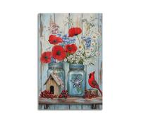 Floral Nature Patriotic Wall Art, Red Cardinal Floral Jar with USA Flag Motif Hanging Paintings Poster, Independence Day Wall Decor for Living Room Bedroom 20x30inch(50x75cm)