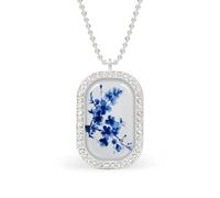 Floral Navy Blue Flower Rectangle Pendant Necklace Silver Women Jewelry Alloy Keychain Tag Jewelry