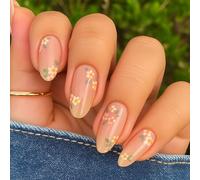Floral Nude Pink Press on Nails Transparent Base - Small Daisy Patterns Glossy Oval Shape Fake Nails 24 PCS - for Women Easy to Apply Art Fresh Spring Garden Inspired Look