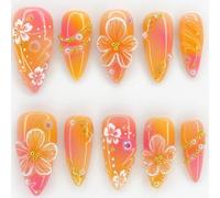Floral Ombré with 3D Embellishments - 24Pcs Press On Nails with Gradient Pink Orange Base and Intricate Flower Accents - Acrylic Stick On Design for Weddings, Parties, and Daily Glam