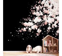 Floral Oriental Romantic Dreamy Wall Mural Cherry Blossom Petals Black Wallpaper, Wall Decals Home Decor TV Background Large Art Wallpaper Painting Posters Decor 200 x 140 cm