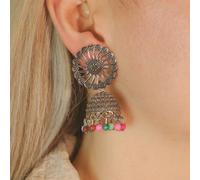Floral Oxidised Indian Asian Drop Jhumkis The Colourful Aura Silver One Size