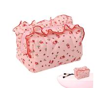 Floral Padded Makeup Bag: Ruffled Travel Cosmetic Organizer, Lightweight Portable Case | Storage Bag for Girls and Women, Compact Holder for Products, Pink, Consulte la descripción, See description