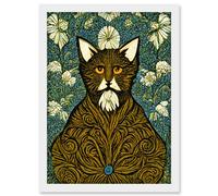 Floral Paisley Illustrated Golden Cat William Morris Artwork Framed Wall Art Print A4 Artery8 White One Size