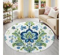 Floral Paisley Print Round Rug 60 cm for Under Table, Retro Elegant Washable Non-Slip Circle Carpet, Low-Profile Floor Mat for Dining Room & Living Room, White