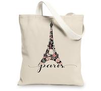 Floral Paris Tower Canvas Tote Bags, Chic Parisian Design Reusable Shopping Bags, Lightweight Washable Eco-Friendly Canvas, Beige, 13x15 Inch