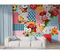 Floral Patchwork Wall Mural, Self-Adhesive Peel & Stick Wallpaper, Watercolor Geometric Design Photo Wallpaper for Living Room & Bedroom (300x210 cm), F-932