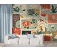 Floral Patchwork Wall Mural, Self Adhesive Wallpaper Peel and Stick, Geometric Garden Home Decor Photo Wallpaper, Silk Cloth Wall Sticker for Living Room & Bedroom, 400x280 cm - F-935
