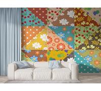 Floral Patchwork Wall Mural, Self Adhesive Wallpaper Peel and Stick, Geometric Watercolor Flower Home Decor Photo Wallpaper, Silk Cloth Wall Sticker for Living Room & Bedroom, 250x175 cm - F-915