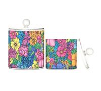 Floral Pattern Colorful Clear Plastic Makeup Organizer Storage with lid Pantry Essentials Decorative small storage bins for Cotton Swabs,Cotton Pads,Floss Picks,Paper Clips,s 2 Pack