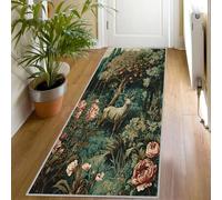 Floral Pattern Deer Runner Rug 60x110 cm, Forest Animal Botanical Corridor Hallway Runner Rug, Green Washable Non Slip Long Carpet, Floor Mat, Kitchen Bedroom Living Room Hall Entrance Decor （rU143）