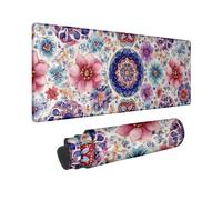Floral Pattern Large Gaming Mouse Pad, Peach Blue Watercolor Flowers Stitched Edge Mousepad, Rubber Non-Slip Washable Gaming Mouse Pad for Home and Office Setup 16x36 Inch