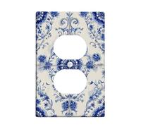 Floral Pattern Light Switch Cover Plates/Outlet Covers, Blue and Cream Decorative Design for Home Decor, Thermoplastic Wall Plates, Standard Size Single Duplex Outlet